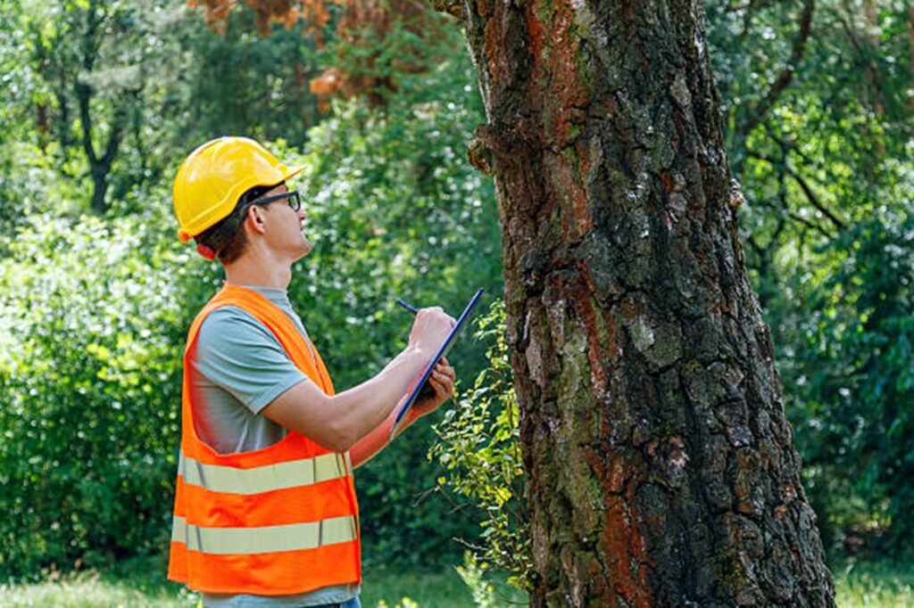 Tree service professional inspecting storm-damaged tree and assessing safety risks in Lyndhurst, OH