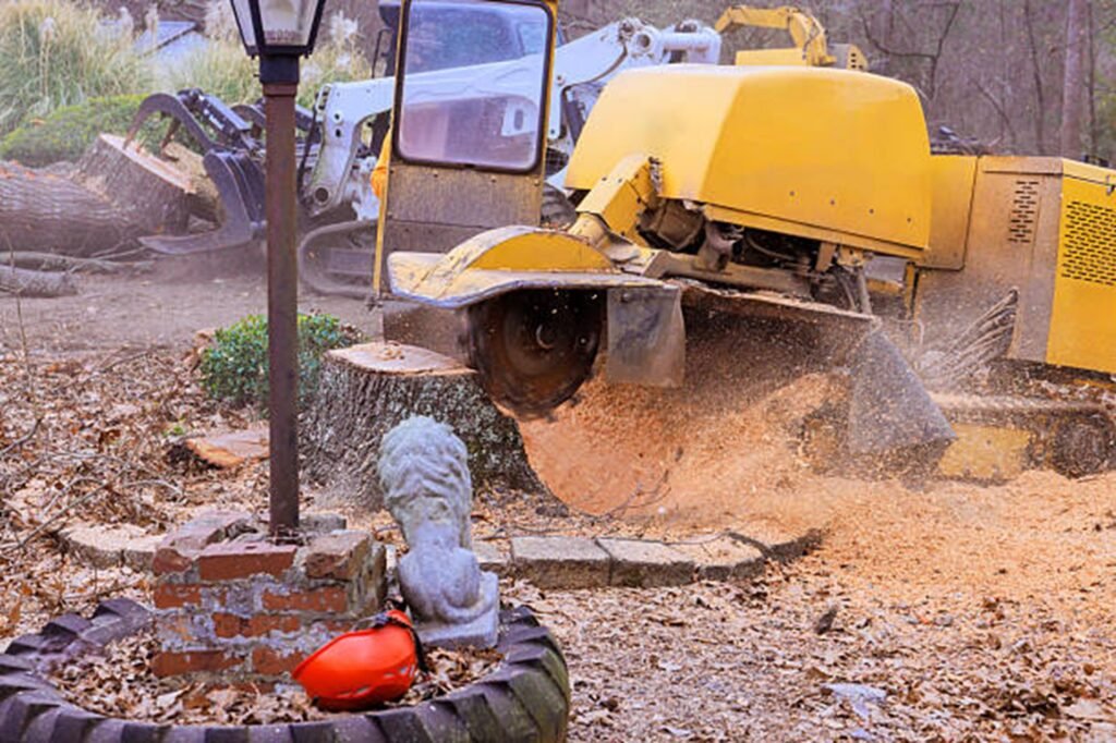 Stump grinding machine removing a large tree stump and wood debris in a residential yard in Lyndhurst, OH